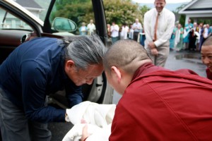 His Eminence Dzigar Kongtrul Rinpoche is welcomed by Mindrolling Jetsün Khandro Rinpoche upon his arrival at Lotus Garden.