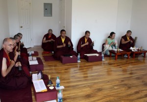 HE Jetsün Khandro Rinpoche, Jetsün Dechen Paldron, Ven. Acarya Namdrol Gyatso, Umdze Ven. Thrinley Gyaltsen, monks and nuns during the consecration ceremony.