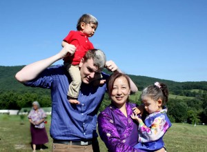 Minling Dungse Rinpoche and Jetsün Rinpoche with their parents, Jetsün Dechen Paldrön and Kunda Britton Bosarge la after the celebratory throwing of the barley flour.