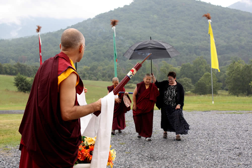 Mindrolling Jetsün Khandro Rinpoche arrives for a teaching.