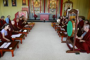 Each evening, students attend evening prayers led by Ven. Acarya Namdrol Gayatso and Umdze Ven. Thrinley Gyaltsen.