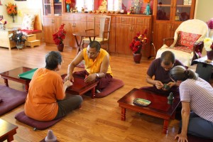 Ven. Acarya Namdrol Gyatso and Ven. Thrinley Gyaltsen during torma class.