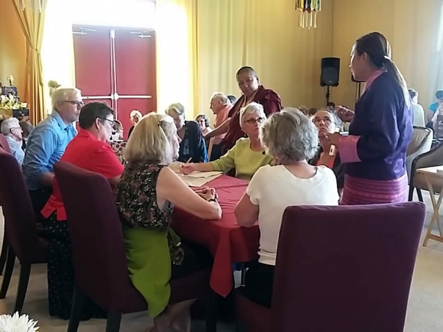 Mindrolling Jetsün Khandro Rinpoche and Mindrolling Jetsün Dechen Paldron meet with a panel of sangha health professionals during the Ease and Elegance program. July 2016.