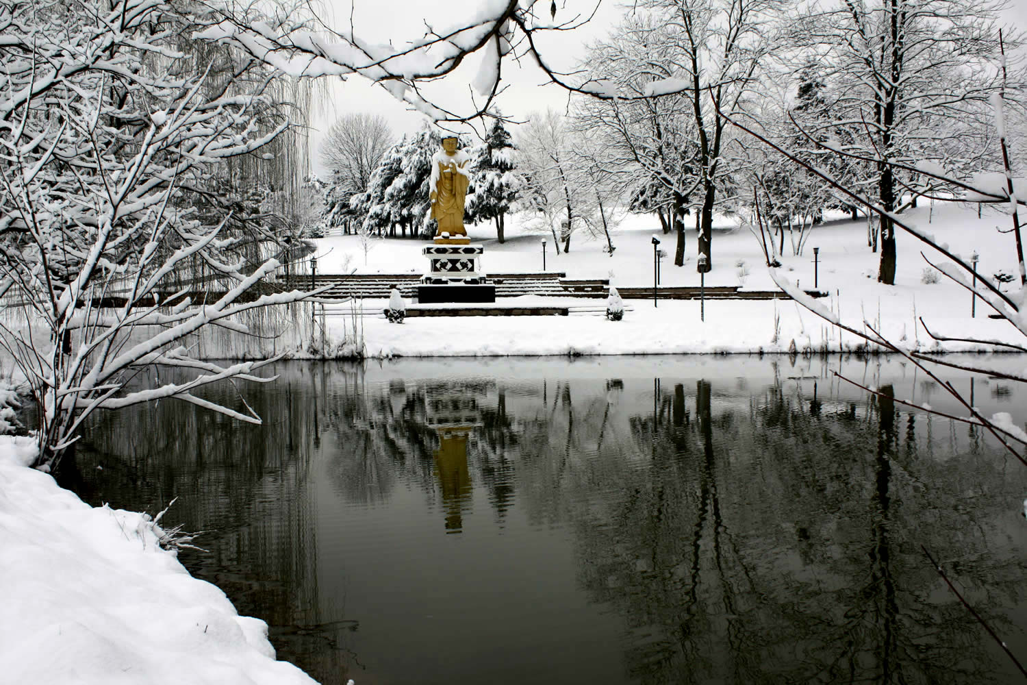 A winter view of the Buddha Park at Lotus Garden