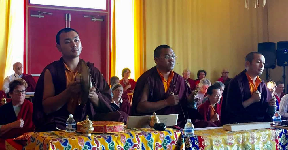 Ven. Tulku Ngawang Jigdral Kunga Rinpoche, the chief umdze of Mindrolling Monastery in India, leads the drupchö