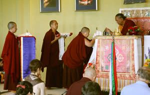 HE Jetsun Khandro Rinpoche makes the body, speech and mind offering to HE Dzigar Kongtrul Rinpoche