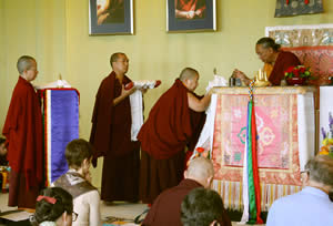 HE Jetsun Khandro Rinpoche makes the Body, Speech and Mind offering to HE Dzigar Kongtrul Rinpoche