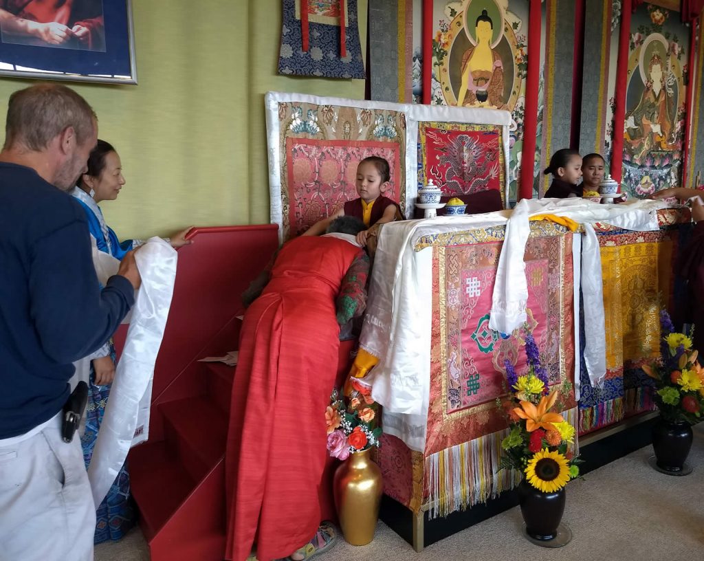 Offering khatags to Dungse Rinpoche and Jetsün Rinpoche