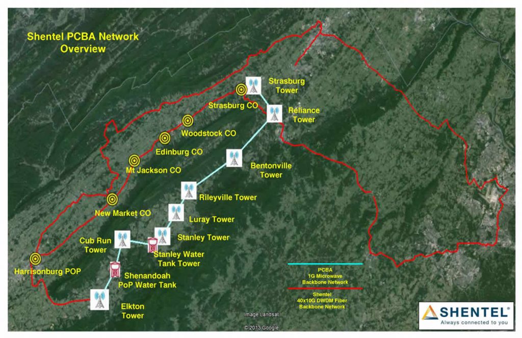 Page County Broadband Overview map showing the Stanley Tower