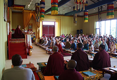 Jetsün Khandro Rinpoche and students during a teaching, Lotus Garden 2017