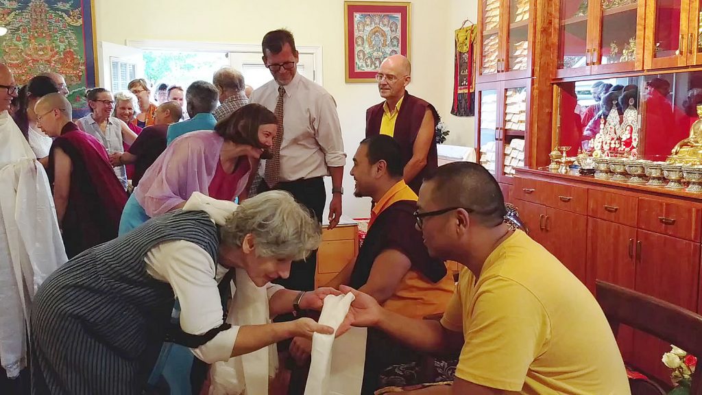 Ven. Choktrul Ngawang Jigdral Rinpoche and Ven. Khenpo Namdrol Gyatso are welcomed by the sangha