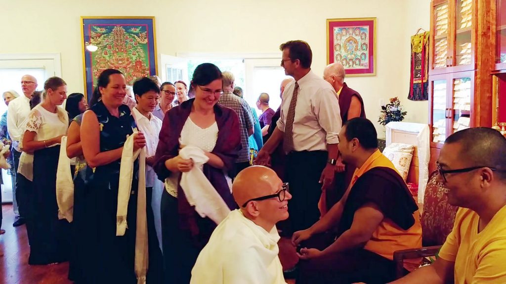 Ven. Choktrul Ngawang Jigdral Rinpoche and Ven. Khenpo Namdrol Gyatso are welcomed by the sangha